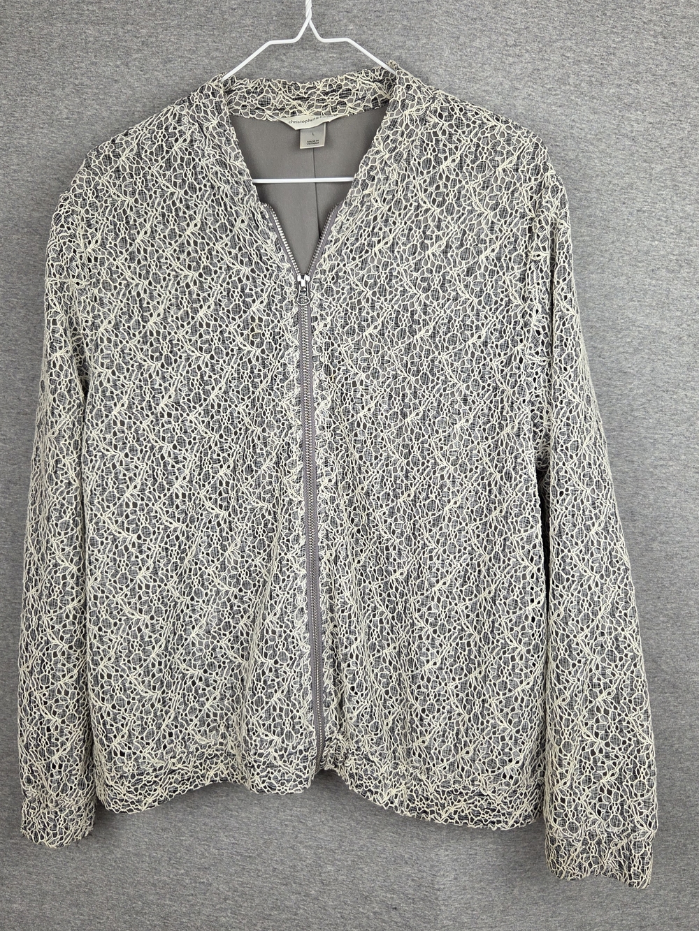 Christopher & Banks Light Gray/Cream Lace Zip-Front Women's Jacket